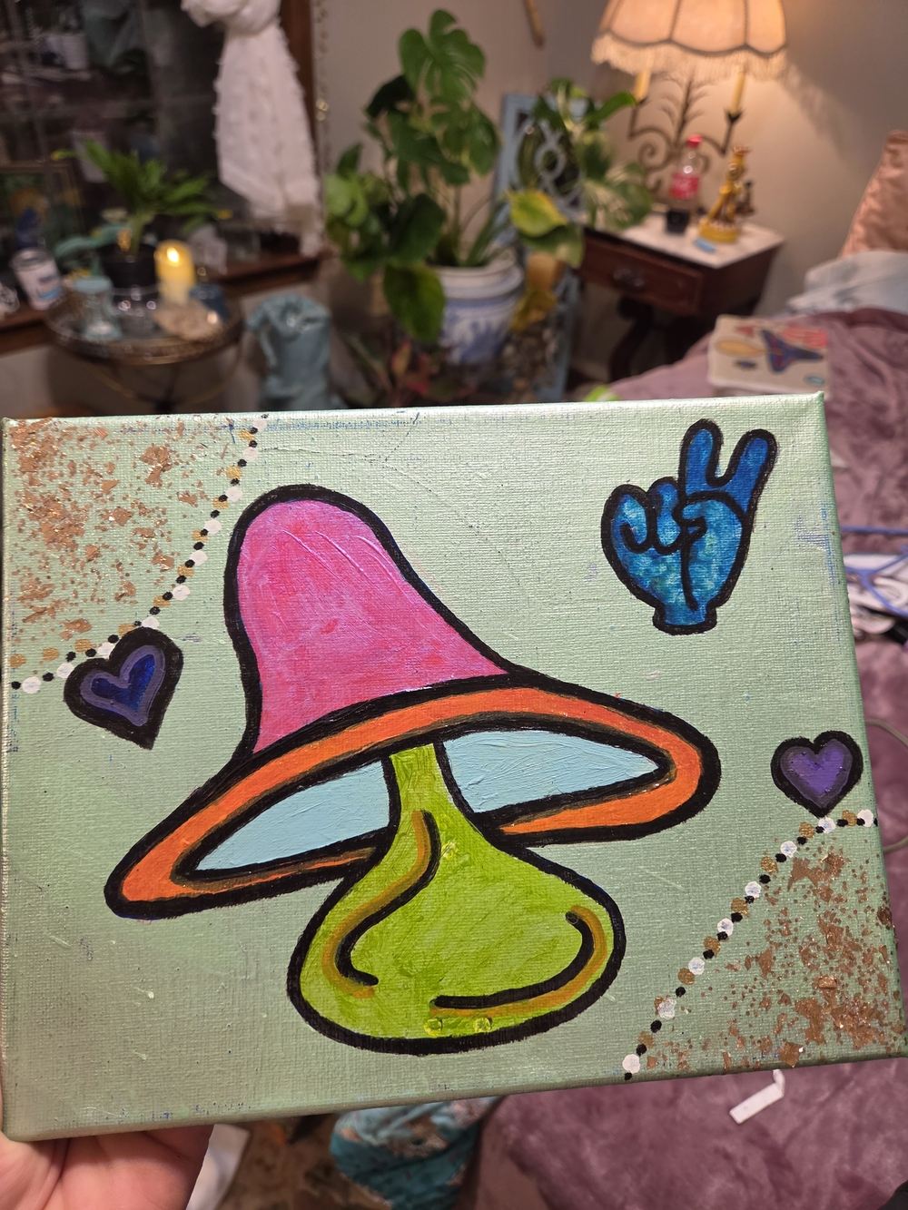 Hand-Painted Pink & Green Mushroom Wall Art